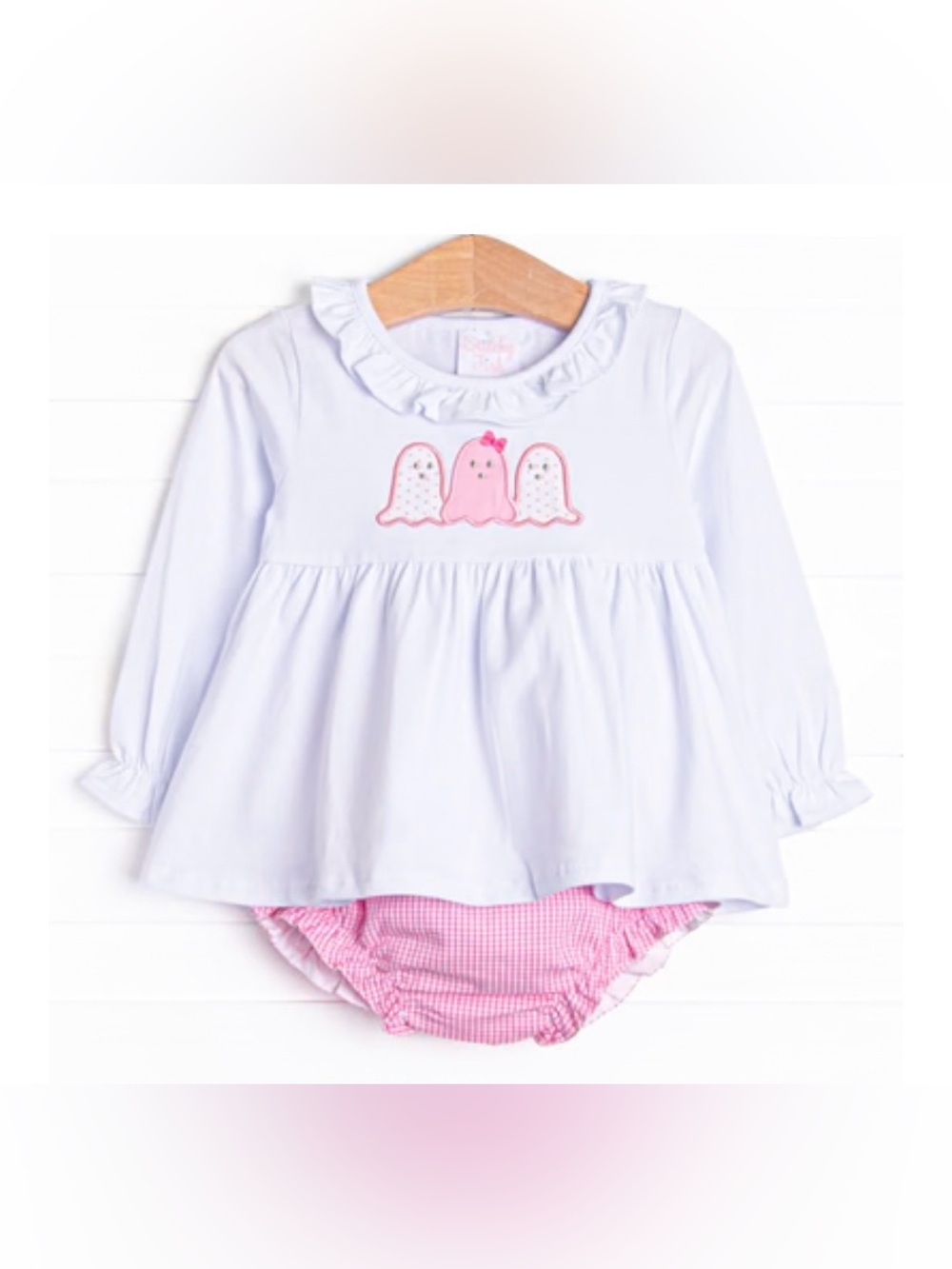 Stitchy Fish Long-Sleeve White Top with Pink Ghost Design and Pink Bloomers